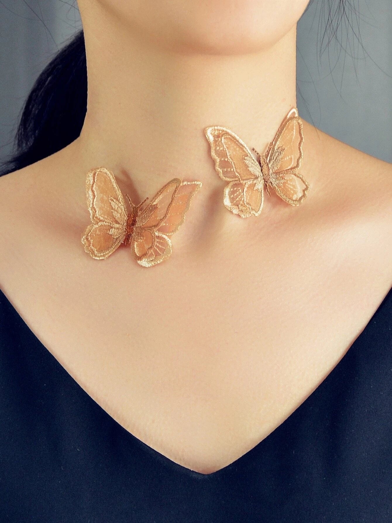 Fashion Jewellery Transparent Cord Brown Embroidery Butterfly Choker Necklace-0
