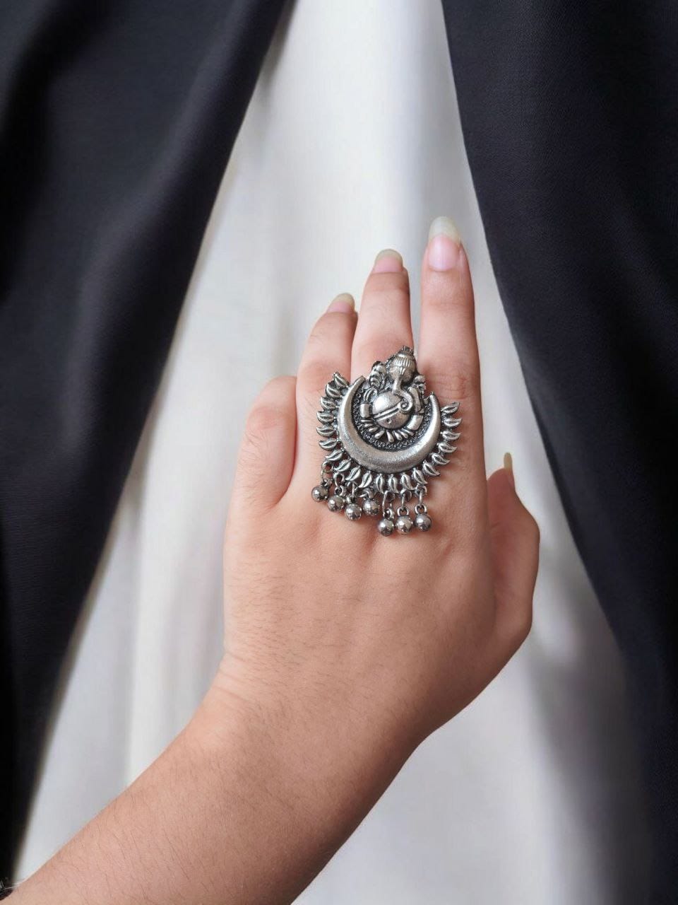 Oxidized Ganesha Silver Plated Ring | Festival Wear Adjustable German Silver Ring