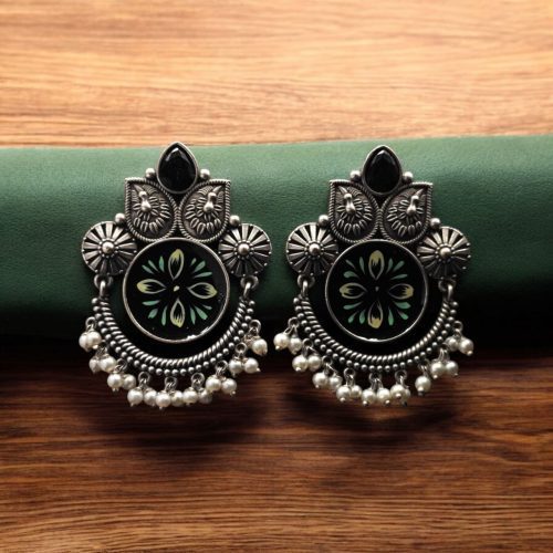 Oxidized Silver Replica Hand-Painted Stud Earrings With Beautiful Stone Work