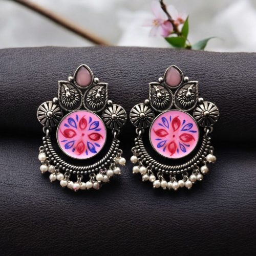 Oxidized Silver Replica Hand-Painted Stud Earrings With Beautiful Stone Work