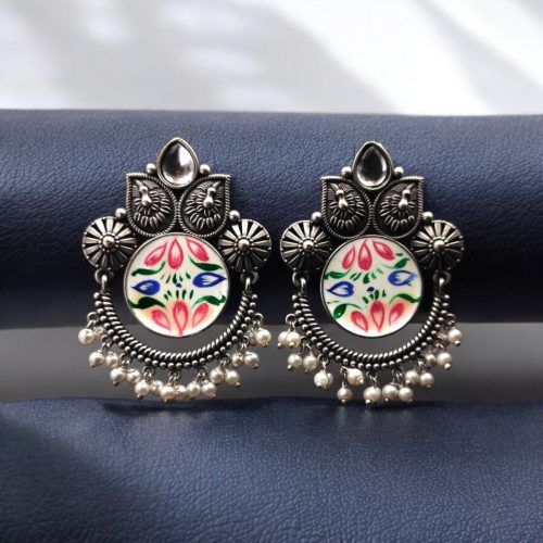 Oxidized Silver Replica Hand-Painted Stud Earrings With Beautiful Stone Work