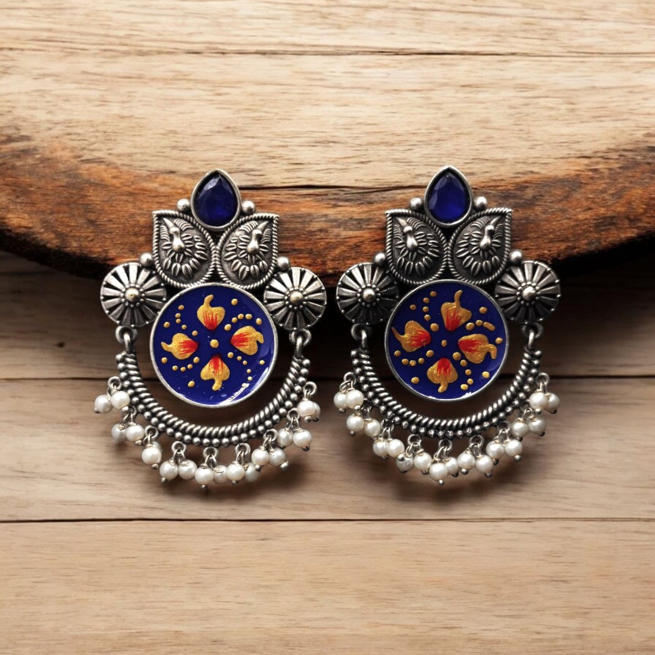 Oxidized Silver Replica Hand-Painted Stud Earrings With Beautiful Stone Work