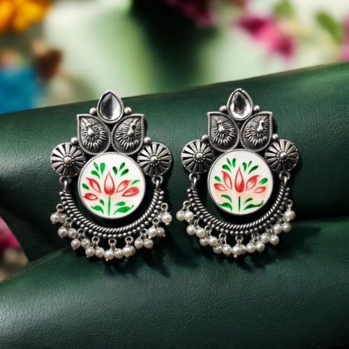 Oxidized Silver Replica Hand-Painted Stud Earrings With Beautiful Stone Work