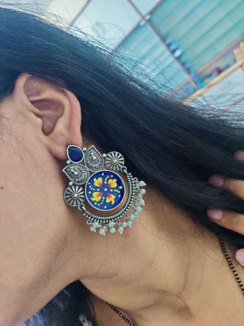 Oxidized Silver Replica Hand-Painted Stud Earrings With Beautiful Stone Work