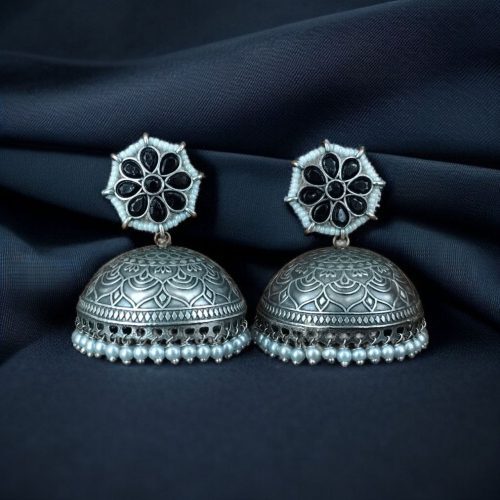 Antique Silver Big Jhumka Earrings With Pearls & Floral Design