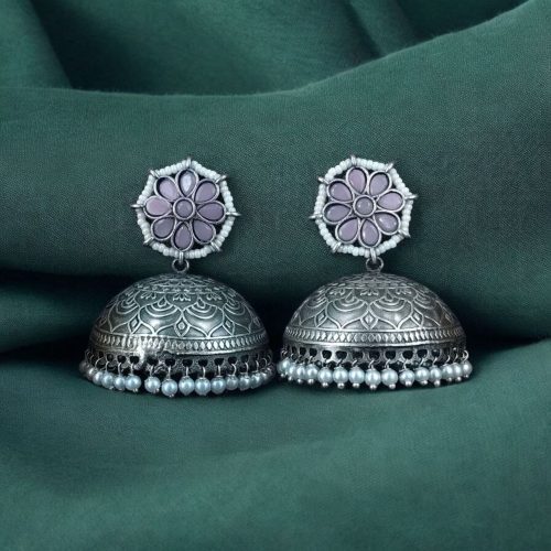 Antique Silver Big Jhumka Earrings With Pearls & Floral Design