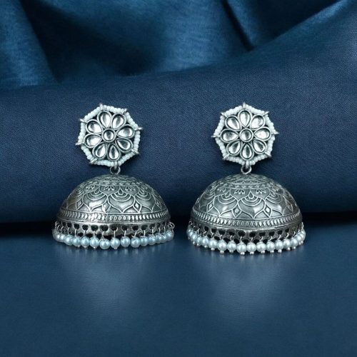 Antique Silver Big Jhumka Earrings With Pearls & Floral Design