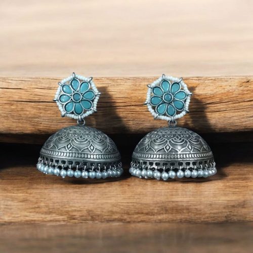 Antique Silver Big Jhumka Earrings With Pearls & Floral Design
