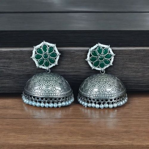 Antique Silver Big Jhumka Earrings With Pearls & Floral Design