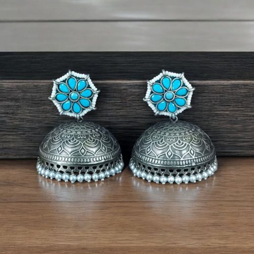 Antique Silver Big Jhumka Earrings With Pearls & Floral Design