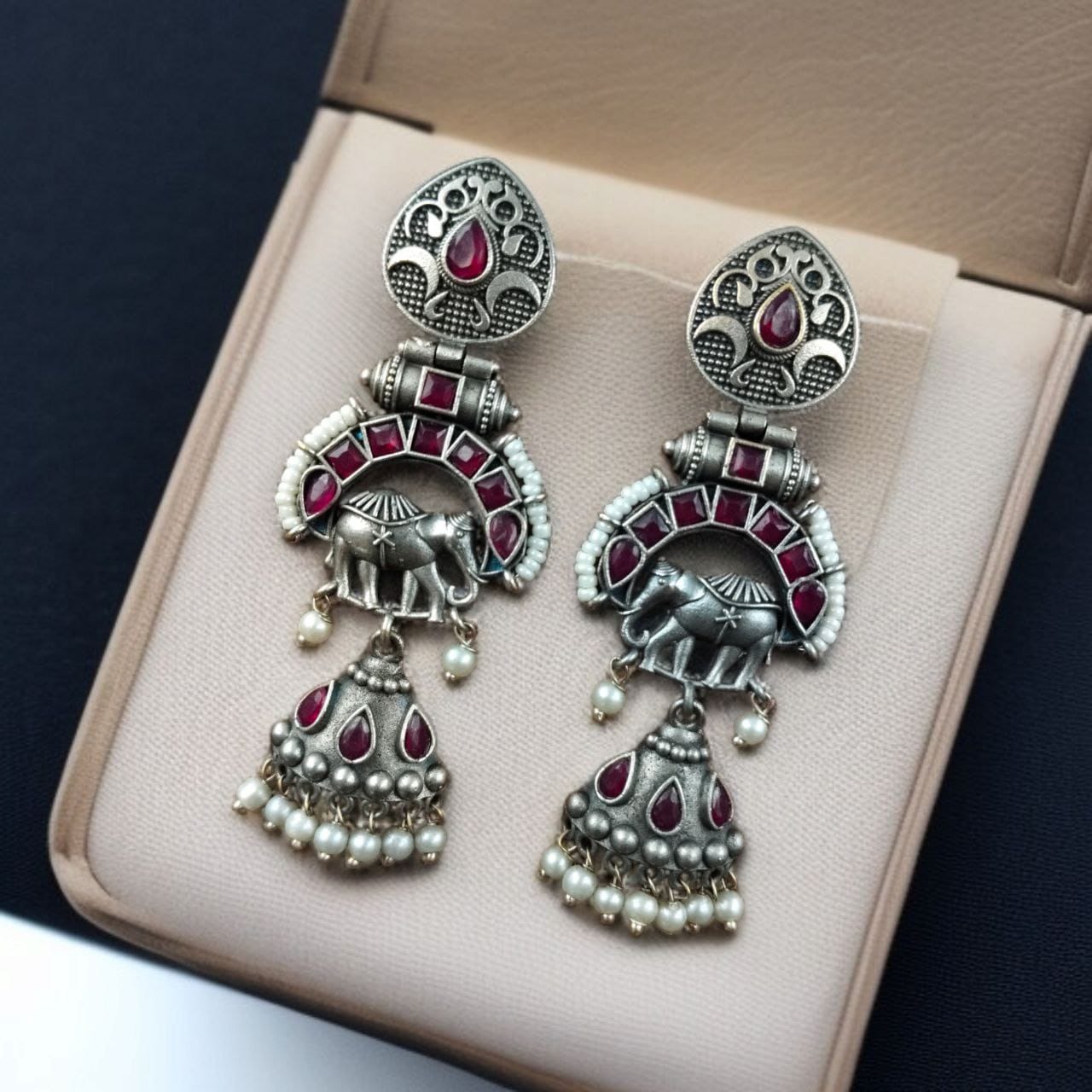 Antique Finish Oxidized Unique Elephant Jhumki Earrings with Elegant Pearl Detailing
