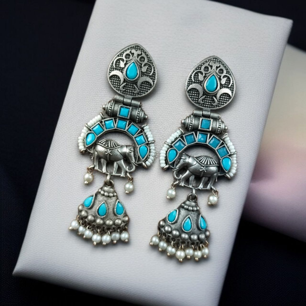 Antique Finish Oxidized Unique Elephant Jhumki Earrings with Elegant Pearl Detailing