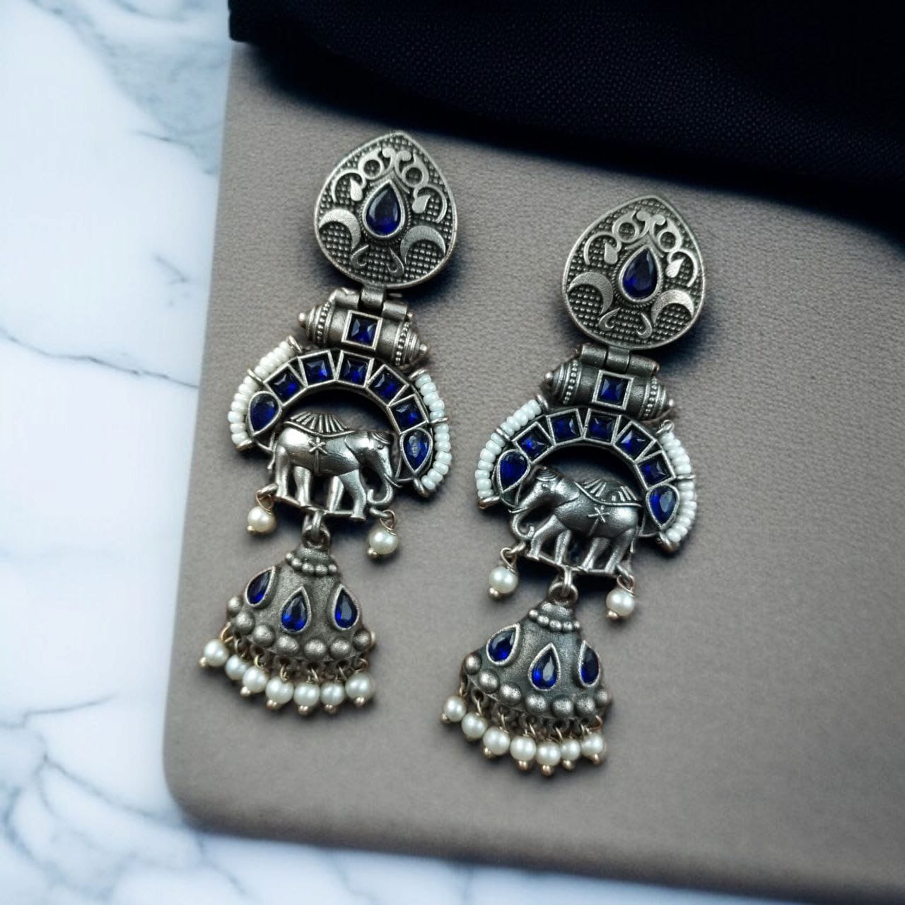Antique Finish Oxidized Unique Elephant Jhumki Earrings with Elegant Pearl Detailing