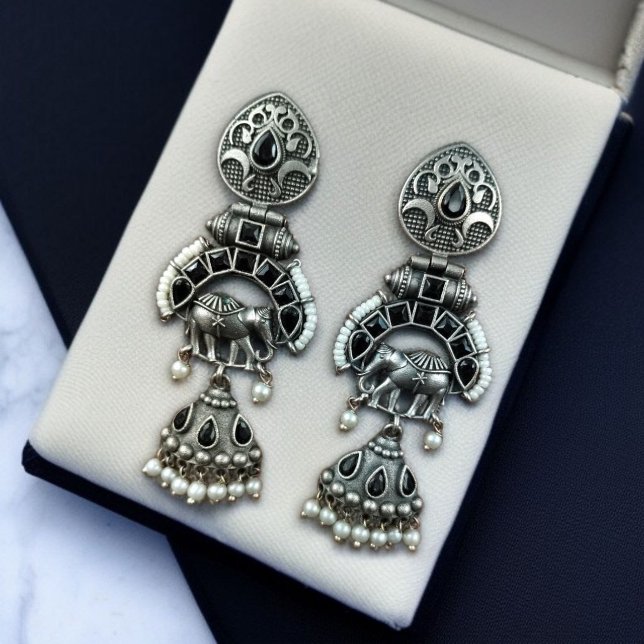 Antique Finish Oxidized Unique Elephant Jhumki Earrings with Elegant Pearl Detailing