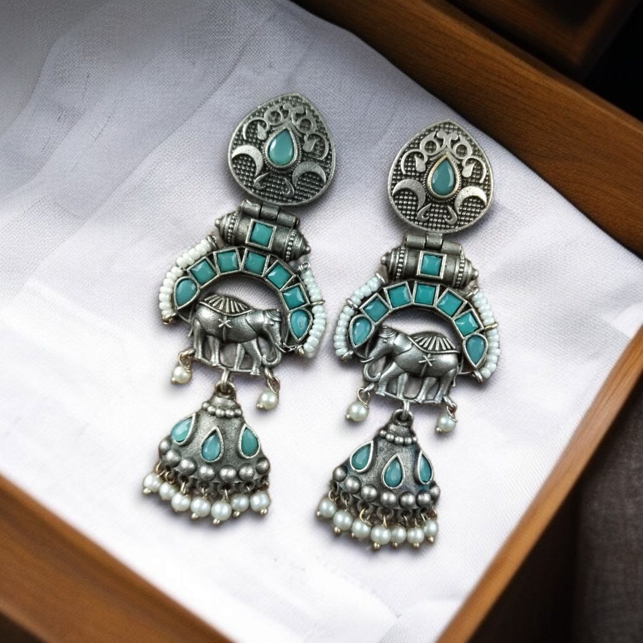 Antique Finish Oxidized Unique Elephant Jhumki Earrings with Elegant Pearl Detailing