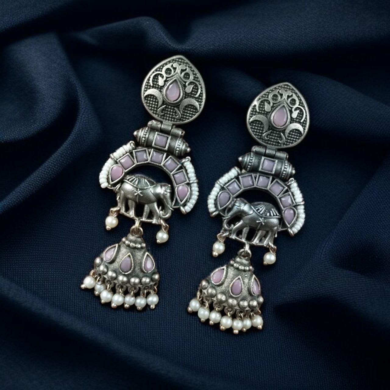 Antique Finish Oxidized Unique Elephant Jhumki Earrings with Elegant Pearl Detailing