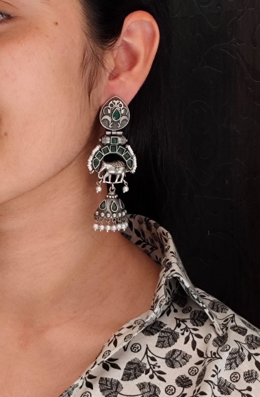 Antique Finish Oxidized Unique Elephant Jhumki Earrings with Elegant Pearl Detailing