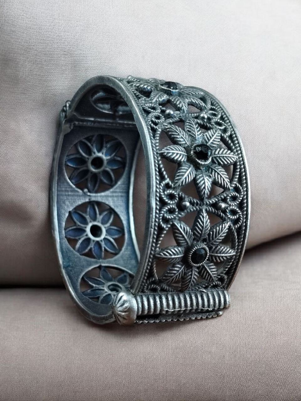 Traditional Oxidized Unique Flower Design Bangle | Silver Replica Ethnic Jewelry For Women