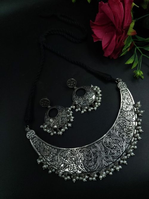 Oxidized Silver Plated Choker Necklace | Ethnic Pearl Work Jewelry