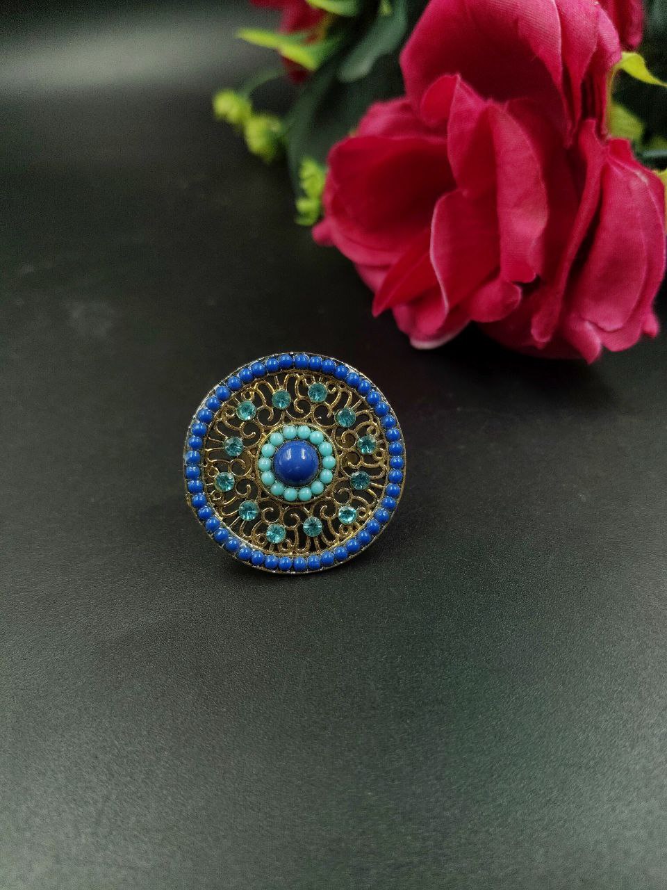 GGold Plated Floral Art Ring with Stone | Round Shape Adjustable | Elegant Ethnic Jewelry