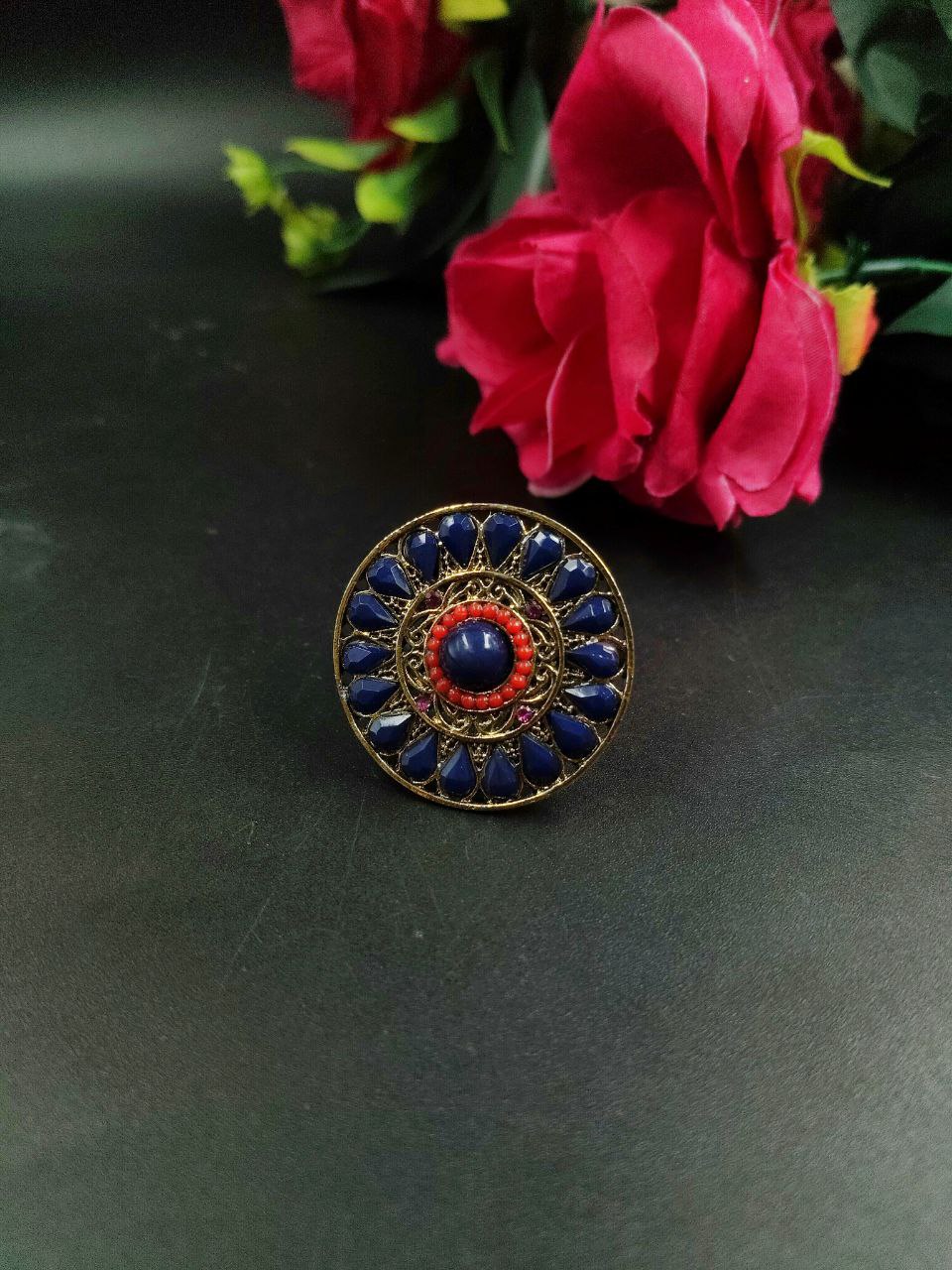 Traditional Gold Plated Stone Ring | Adjustable Jewelry For Women