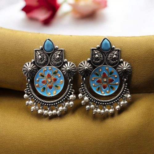 Oxidized Silver Replica Hand-Painted Stud Earrings With Beautiful Stone Work