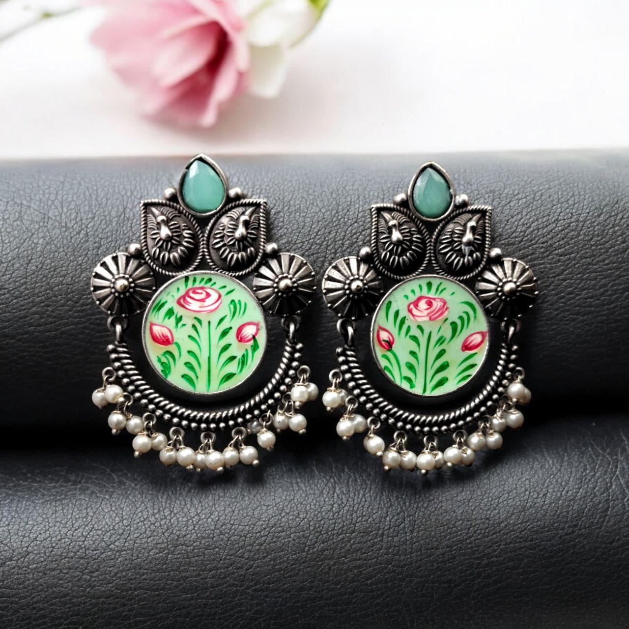 Oxidized Silver Replica Hand-Painted Stud Earrings With Beautiful Stone Work