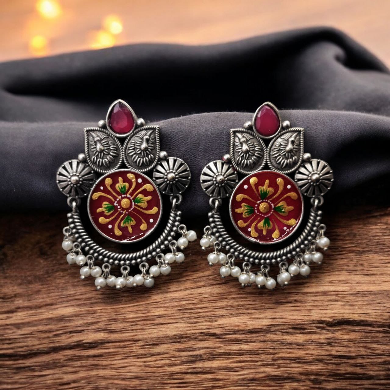 Oxidized Silver Replica Hand-Painted Stud Earrings With Beautiful Stone Work