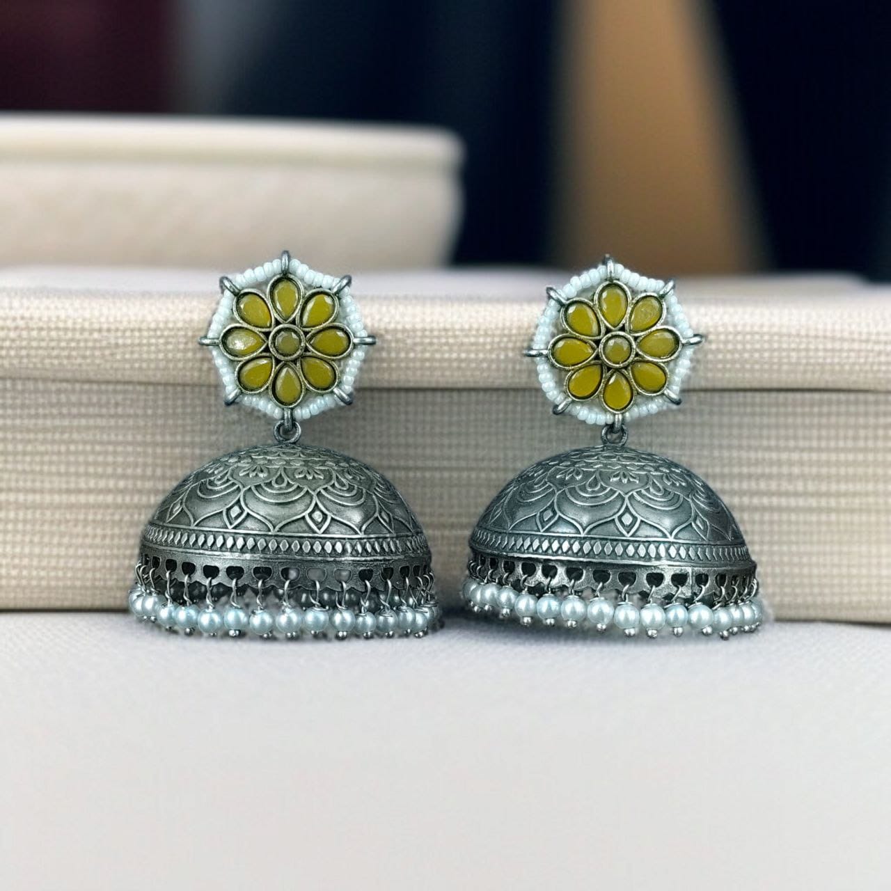 Antique Silver Big Jhumka Earrings With Pearls & Floral Design