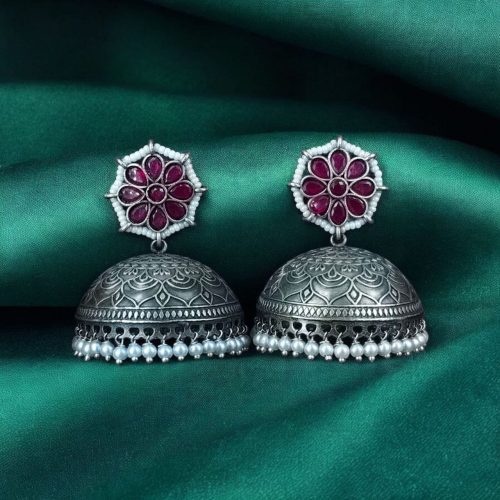 Antique Silver Big Jhumka Earrings With Pearls & Floral Design