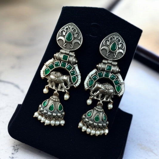 Antique Finish Oxidized Unique Elephant Jhumki Earrings with Elegant Pearl Detailing