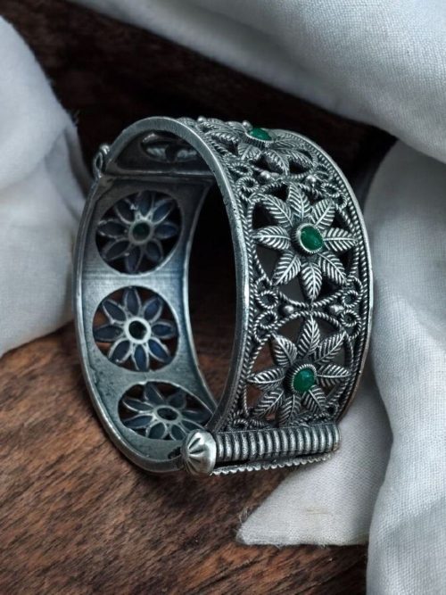 Traditional Oxidized Unique Flower Design Bangle | Silver Replica Ethnic Jewelry For Women