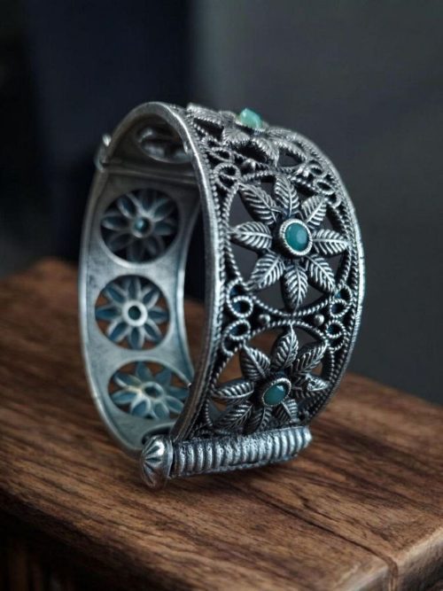 Traditional Oxidized Unique Flower Design Bangle | Silver Replica Ethnic Jewelry For Women