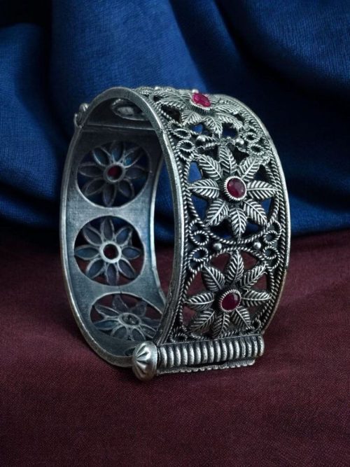 Traditional Oxidized Unique Flower Design Bangle | Silver Replica Ethnic Jewelry For Women