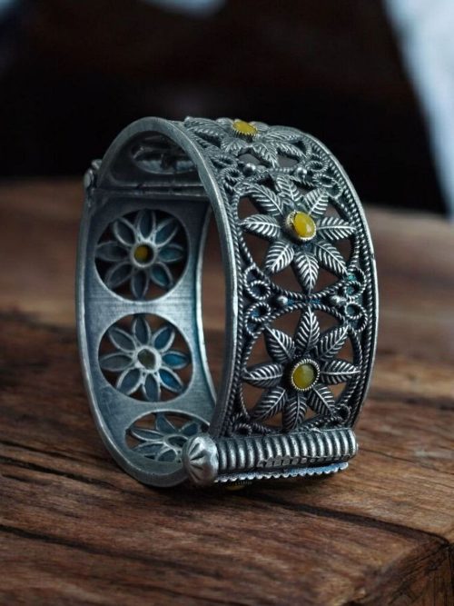 Traditional Oxidized Unique Flower Design Bangle | Silver Replica Ethnic Jewelry For Women