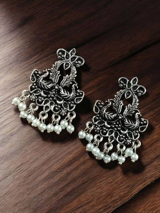 Ethnic German Silver Peacock Stud Earring with Pearl – Perfect for Daily Use Jewelry